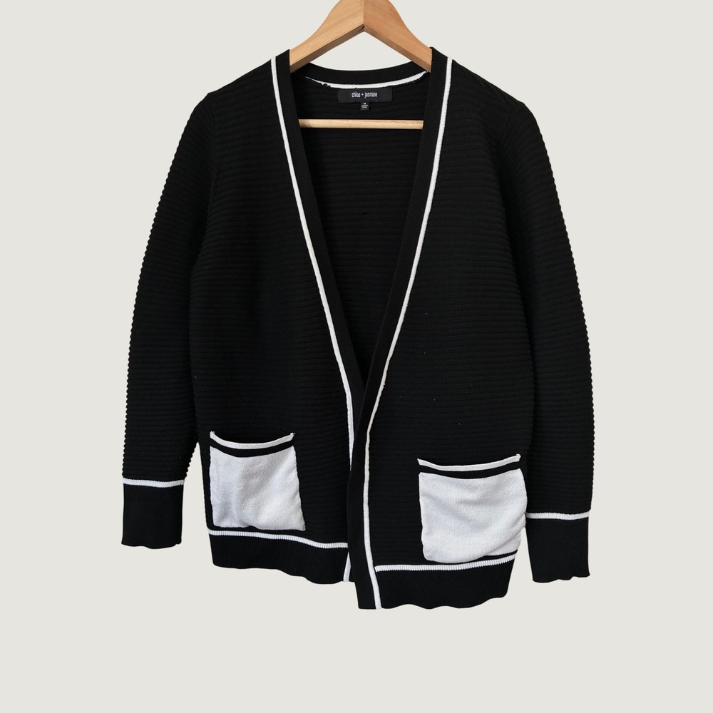 Chloe + Jasmine Black White Open Ribbed Cardigan Sweater M Minimalist Office